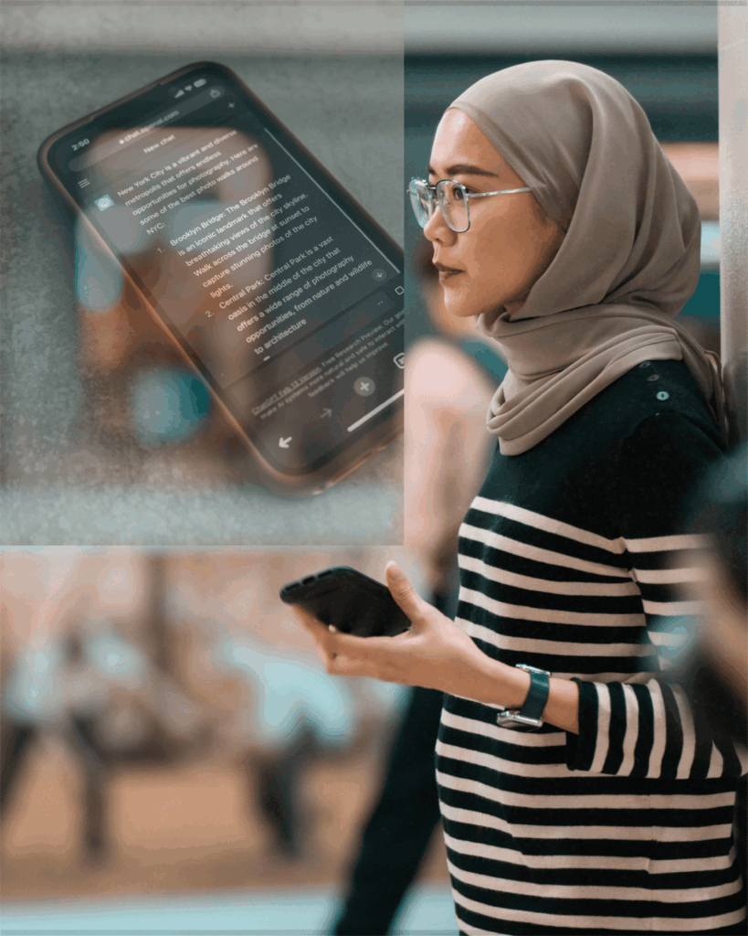 Muslim woman using ChatGPT for work and reflection